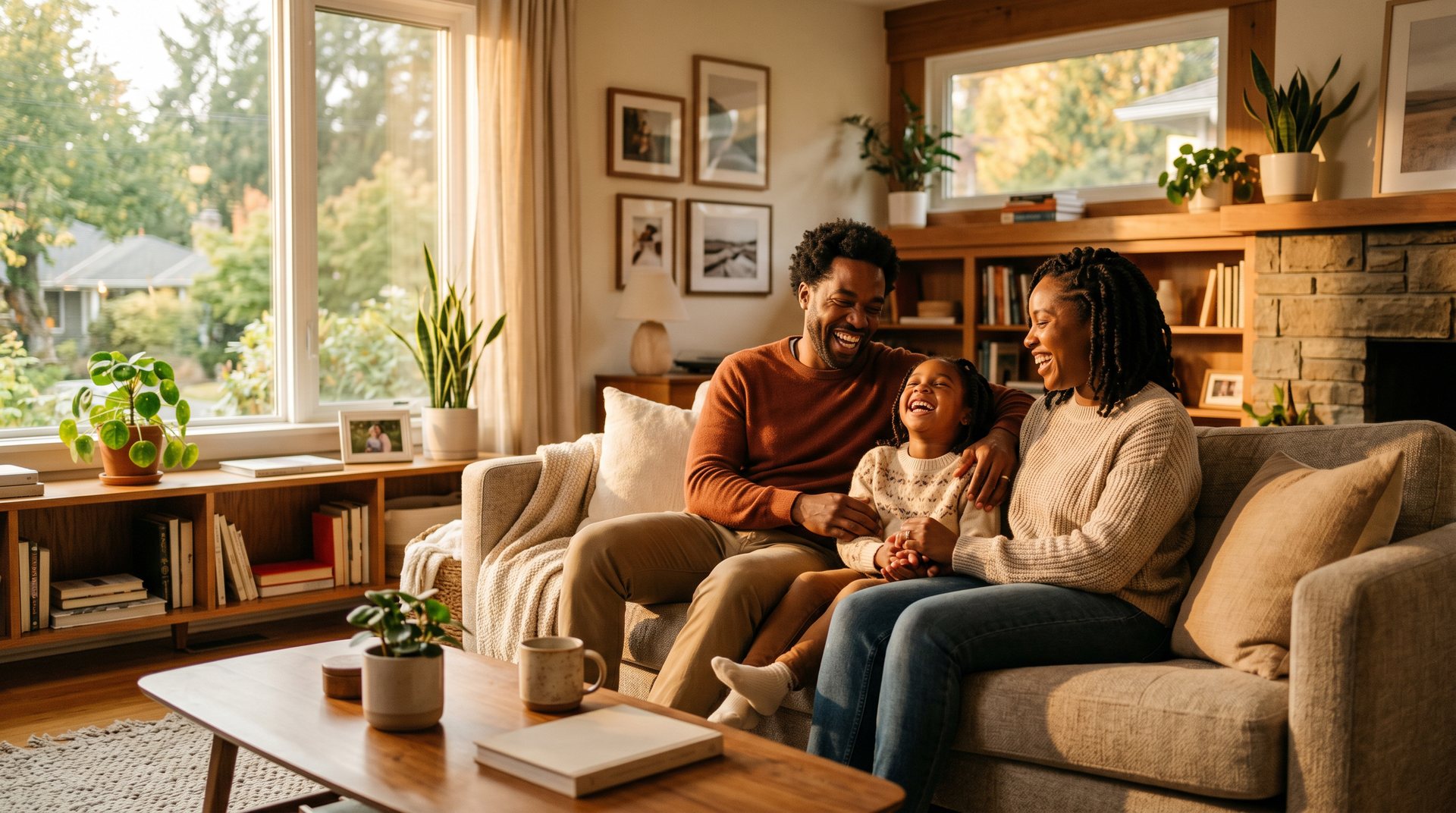 A young family laughing together on their couch in warm golden light