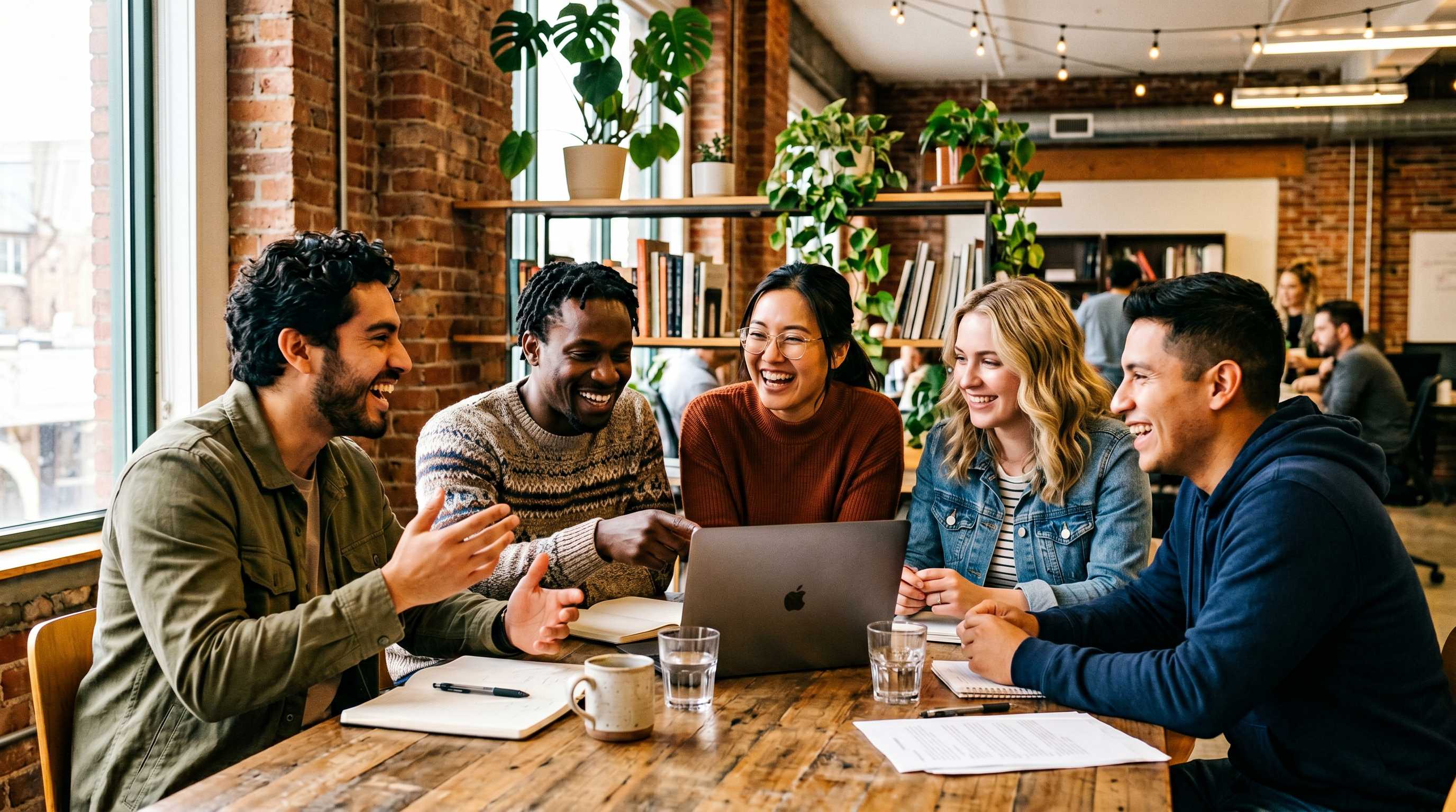 A diverse team of young professionals collaborating energetically around a table